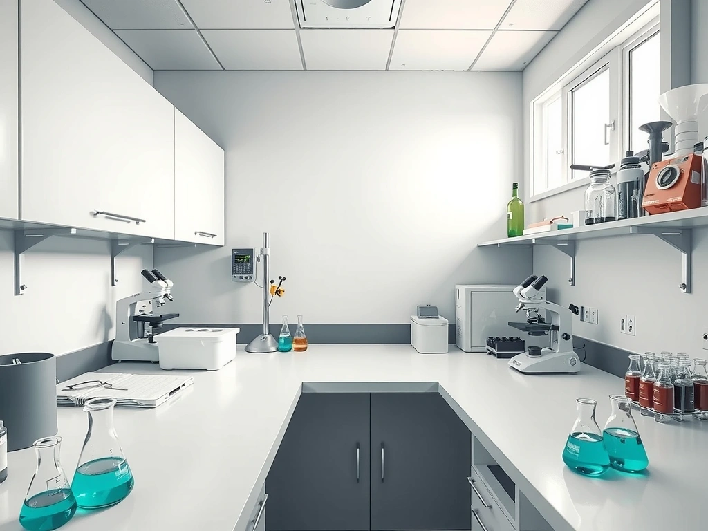 Modern, clean laboratory environment with advanced equipment, showcasing product development