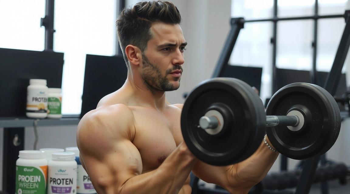 A strong, dynamic image of a man working out with weights, symbolizing strength and vitality, surrounded by subtle health supplement elements.