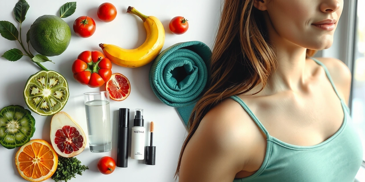 Vibrant collage of health and beauty elements: fresh fruits, glowing skin, exercise equipment, and serene natural settings, symbolizing holistic wellness.