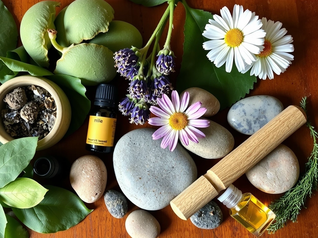 A serene image of natural ingredients like herbs, flowers, and essential oils, signifying health and beauty, with a soft, warm light illuminating them.