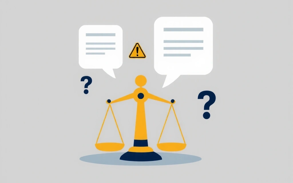 Abstract illustration of legal disclaimers, showing a balance scale and warning signs